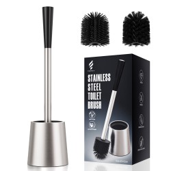 Toilet brush, FUNPALA stainless steel silicone toilet brush, quick-drying toilet brush with rim cleaner & replacement head, long handle toilet brush holder set for bathroom