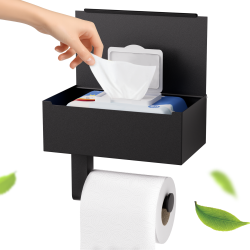 Black toilet paper holder, Heatigo toilet paper holder without drilling, with wet wipes box, toilet roll holder with shelf for bathroom, self-adhesive or drilling required (20.4cm * 14cm * 7.3cm)