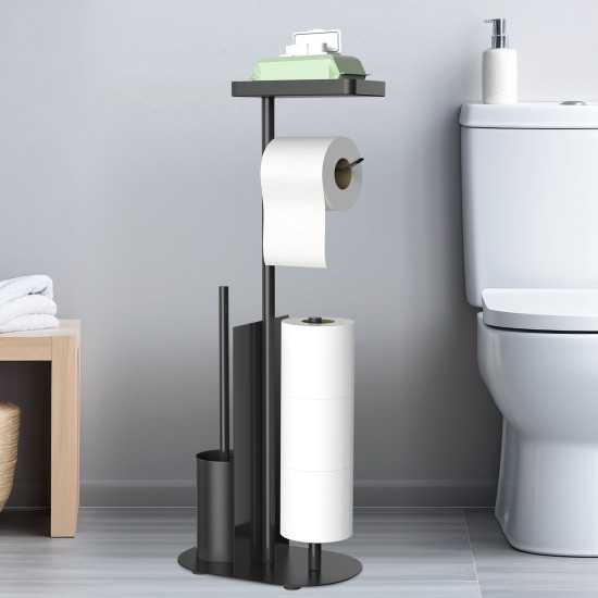 Toilet paper holder with wet wipes dispenser - Toilet roll holder without drilling, toilet roll holder with shelf for WC & bathroom, self-adhesive or drilling-free, stainless steel & bamboo