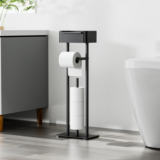 Freestanding Toilet Paper Holder – Stainless Steel Freestanding Toilet Paper Holder with Wet Wipe Box, Sturdy Toilet Paper Stand, Freestanding Toilet Paper Stand for 4 Rolls (Matte Black)