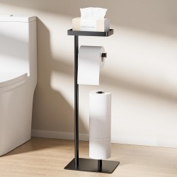 Stainless steel freestanding toilet paper holder, toilet paper holder with wet wipes box, for toilet paper and toilet brush (Black)