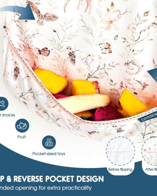 GRSSDER 3-pack Mess Proof Baby Feeding Bibs with Food Catcher Pocket, Soft Lightweight Waterproof Fabric Material with Zero Plastic-like Feel, Adjustable and Easy Clean Toddler Bibs for 6-36 Months