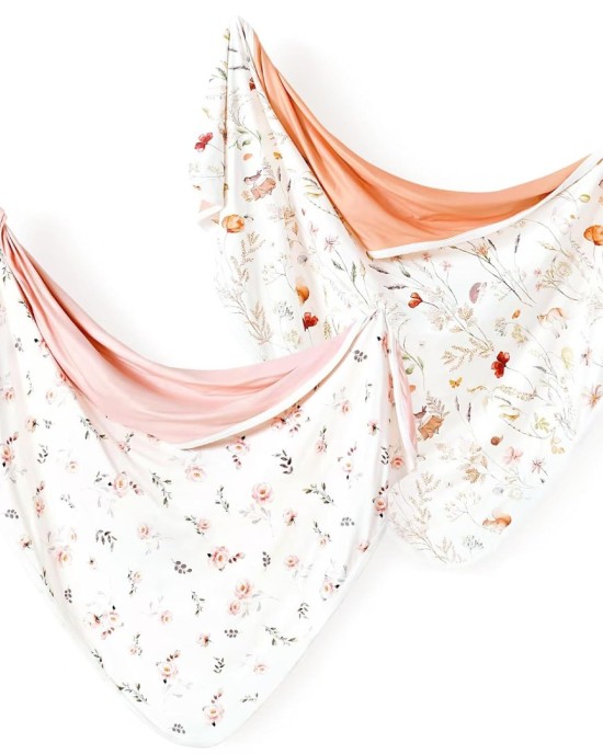 GRSSDER Baby Swaddle Blanket 2 Pack, Super Soft Jersey Knit Quilt Blankets for Baby Girls, Reversible Double Layer Receiving Blankets 34 x 44 Extra Large for Swaddling, Pink Rose & Blush Flora