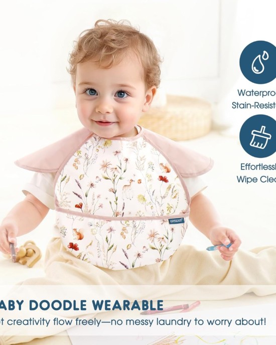 GRSSDER 3-pack Mess Proof Baby Feeding Bibs with Food Catcher Pocket, Soft Lightweight Waterproof Fabric Material with Zero Plastic-like Feel, Adjustable and Easy Clean Toddler Bibs for 6-36 Months