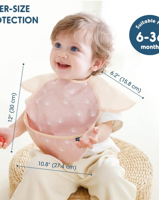 GRSSDER 3-pack Mess Proof Baby Feeding Bibs with Food Catcher Pocket, Soft Lightweight Waterproof Fabric Material with Zero Plastic-like Feel, Adjustable and Easy Clean Toddler Bibs for 6-36 Months