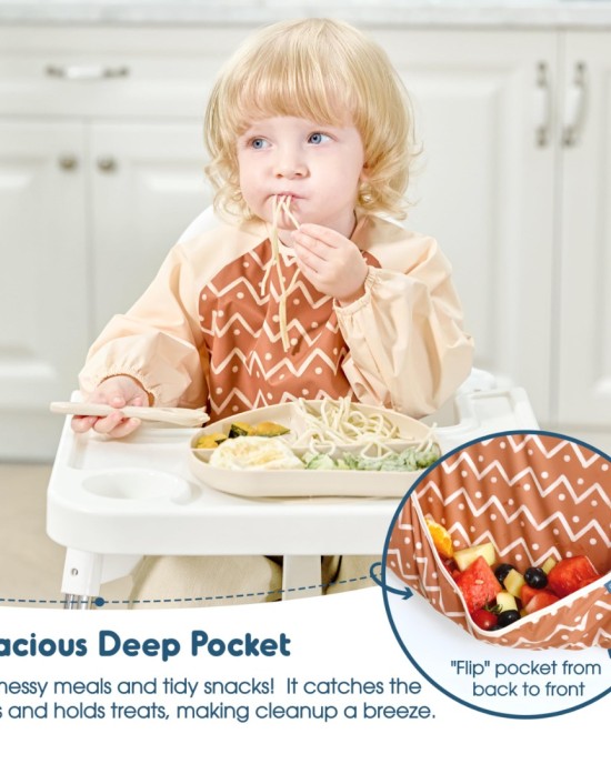 GRSSDER 2 Pack Long Sleeve Baby Feeding Bibs, Soft Waterproof Coverall Baby Led Weaning Bib with Large Food Catcher Pocket