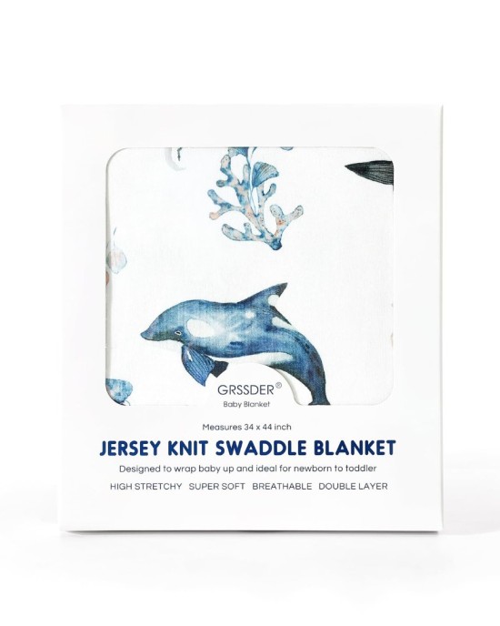 GRSSDER Baby Blankets Super Soft Jersey Knit Swaddle Blanket for Baby Girls and Boys, Double Layer Receiving Blankets 34 x 44 Inches, Extra Large for Baby Swaddling, Sea Fish