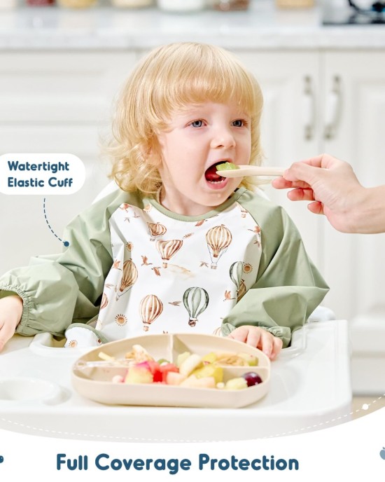 GRSSDER 2 Pack Long Sleeve Baby Feeding Bibs, Soft Waterproof Coverall Baby Led Weaning Bib with Large Food Catcher Pocket