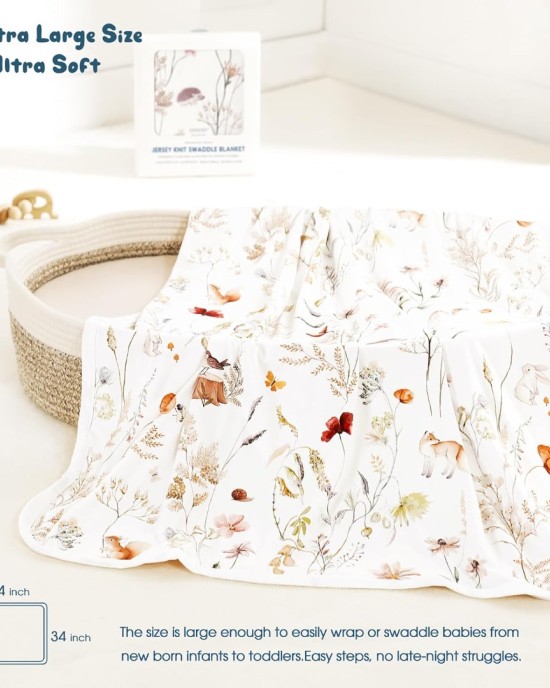 GRSSDER Baby Swaddle Blanket 2 Pack, Super Soft Jersey Knit Quilt Blankets for Baby Girls, Reversible Double Layer Receiving Blankets 34 x 44 Extra Large for Swaddling, Pink Rose & Blush Flora