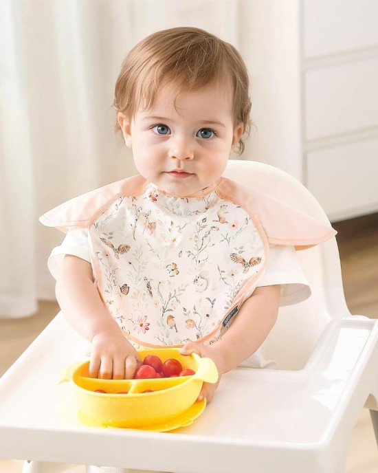 GRSSDER 3-pack Mess Proof Baby Feeding Bibs with Food Catcher Pocket, Soft Lightweight Waterproof Fabric Material with Zero Plastic-like Feel, Adjustable and Easy Clean Toddler Bibs for 6-36 Months