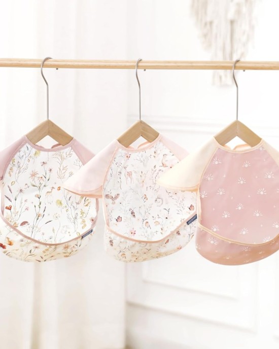 GRSSDER 3-pack Mess Proof Baby Feeding Bibs with Food Catcher Pocket, Soft Lightweight Waterproof Fabric Material with Zero Plastic-like Feel, Adjustable and Easy Clean Toddler Bibs for 6-36 Months