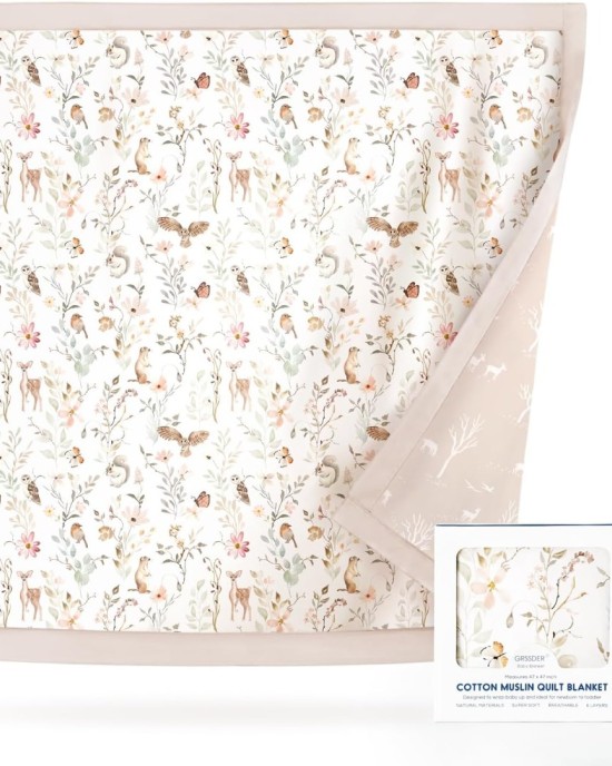 GRSSDER Muslin Cotton Quilt Blanket - Silky Soft and Breathable Baby Blanket Quilt, Oversized Muslin Blankets for Newborns, Toddlers & Kids, 6 Layers Reversible Design for All Seasons, 47" x 47"