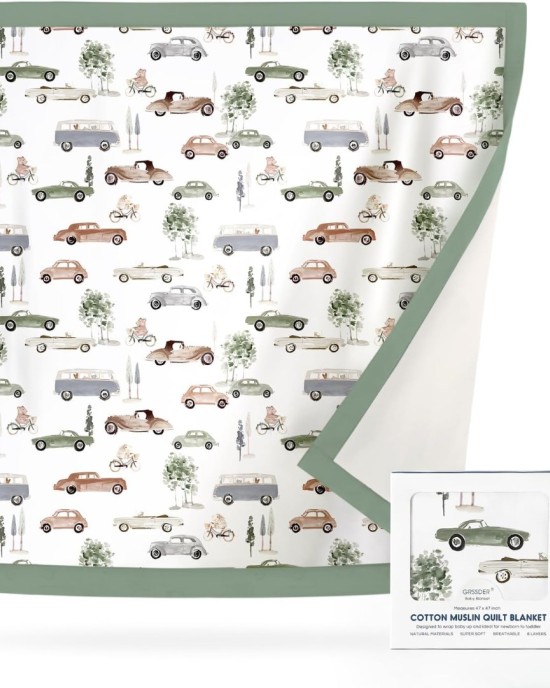 GRSSDER Cotton Muslin Quilt Blanket - Silky Soft and Breathable Kids' Throw Blanket, Oversized Muslin Blankets for Newborns, Toddlers & Kids, 6 Layers Reversible Design for All Seasons, 55" x 69"