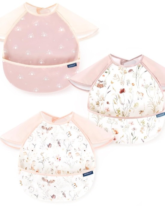 GRSSDER 3-pack Mess Proof Baby Feeding Bibs with Food Catcher Pocket, Soft Lightweight Waterproof Fabric Material with Zero Plastic-like Feel, Adjustable and Easy Clean Toddler Bibs for 6-36 Months