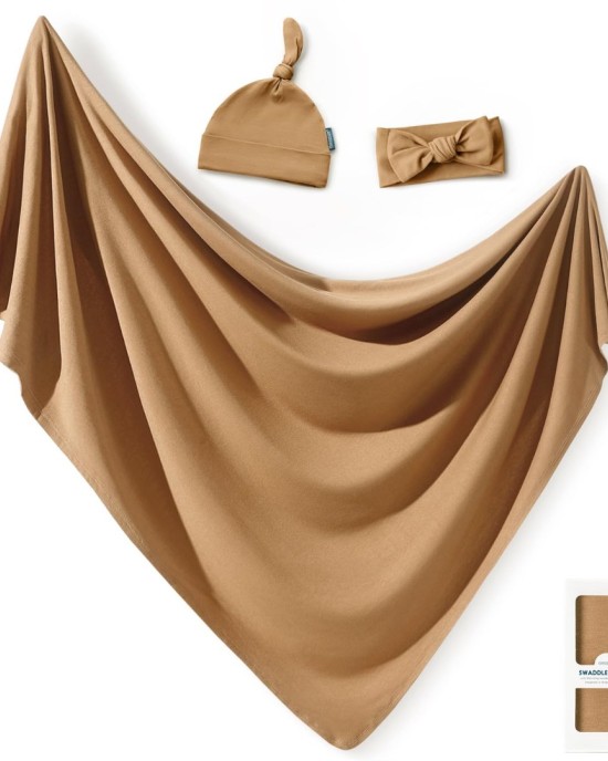 GRSSDER Newborn Swaddle Blanket, Ultra Soft Jersey Receiving Blanket with Matching Headband and Beanie Set, 47×47" Extra Large Nursery Swaddle Wrap for Girls and Boys