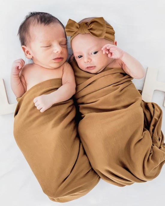 GRSSDER Newborn Swaddle Blanket, Ultra Soft Jersey Receiving Blanket with Matching Headband and Beanie Set, 47×47" Extra Large Nursery Swaddle Wrap for Girls and Boys