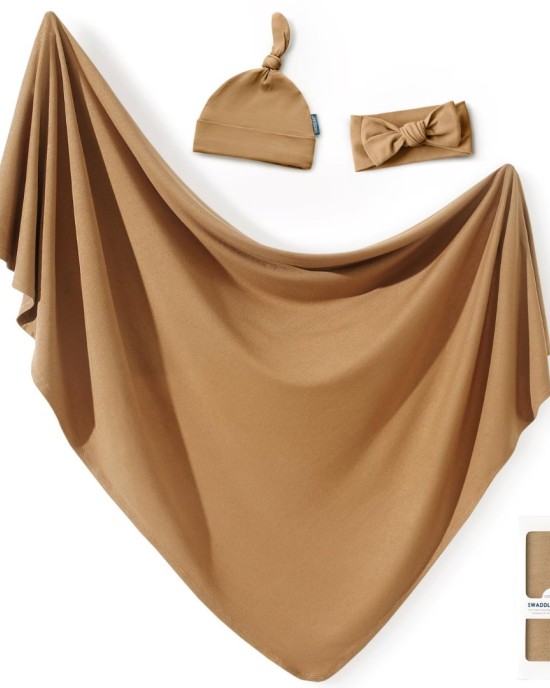 GRSSDER Newborn Swaddle Blanket, Ultra Soft Jersey Receiving Blanket with Matching Headband and Beanie Set 33×44", Stretchy Baby Neutral Swaddle Wrap for Girls and Boys