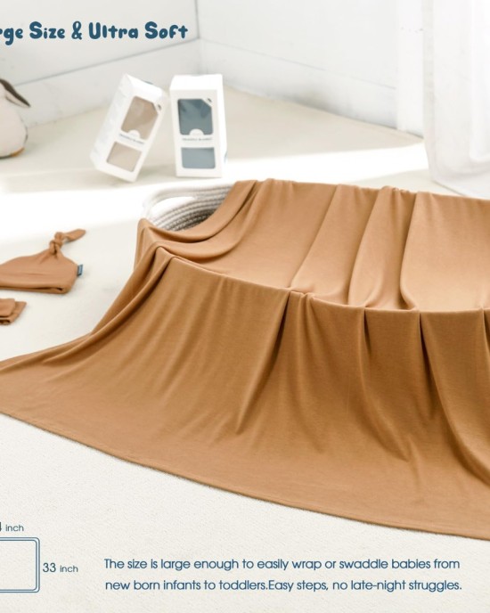 GRSSDER Newborn Swaddle Blanket, Ultra Soft Jersey Receiving Blanket with Matching Headband and Beanie Set 33×44", Stretchy Baby Neutral Swaddle Wrap for Girls and Boys