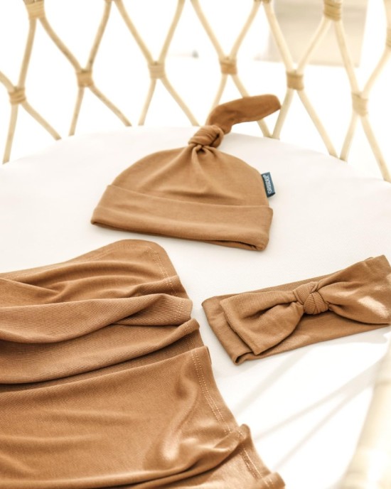 GRSSDER Newborn Swaddle Blanket, Ultra Soft Jersey Receiving Blanket with Matching Headband and Beanie Set 33×44", Stretchy Baby Neutral Swaddle Wrap for Girls and Boys