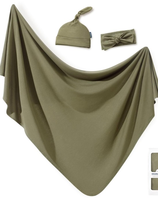 GRSSDER Newborn Swaddle Blanket, Ultra Soft Jersey Receiving Blanket with Matching Headband and Beanie Set 33×44", Stretchy Baby Neutral Swaddle Wrap for Girls and Boys