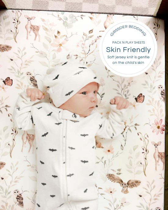 Pack n Play Sheets FItted 2 Pack, Stretchy Ultra Soft Jersey Knit Pack and Play Sheets, Universal Fitted Portable/Mini Crib Mattresses Snug and Safe, Beautiful Blush Pink Floral and Cute Animals Print