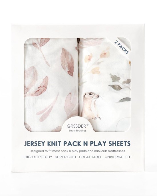 Pack n Play Sheets FItted 2 Pack, Stretchy Ultra Soft Jersey Knit Pack and Play Sheets, Universal Fitted Portable/Mini Crib Mattresses Snug and Safe, Beautiful Blush Pink Floral and Cute Animals Print